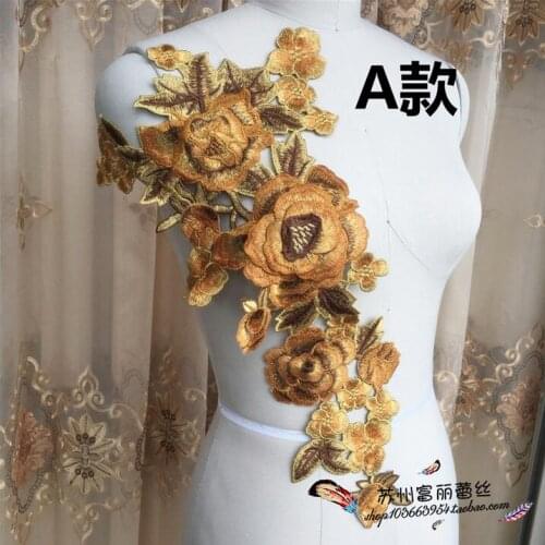 Free Shipping 1 PC New Long Luxury Gold Purple Flower Embroidery Patches Neckline Laces Applique Trims Collars Sewing DIY Craft