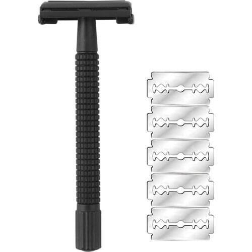 YINTAL Brass Matte Black Steel Coating Safety Razor Long Handle Butterfly Open Classic Safety Razor Men Shaving Shaver 5 blades