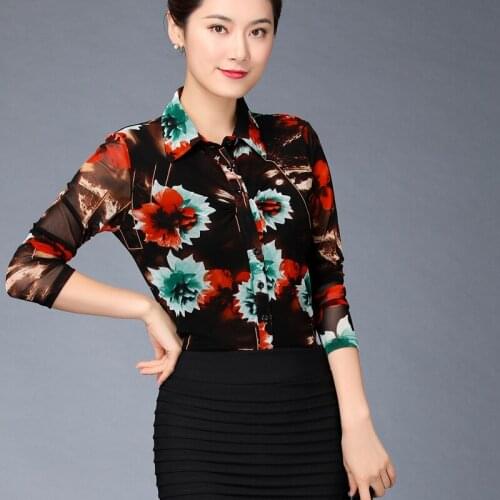 2019 Spring Fall Woman Tops And Blouses , Female Women Floral Print Long Sleeve 4xl Mesh Bouse Shirt , Womens Clothing Shirts
