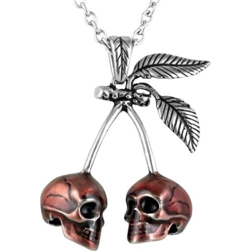Bronze Cherry Skull Pendant Necklace Men Gothic Punk Rock Skeleton Biker Exaggerated Chain Necklaces Boho Jewelry