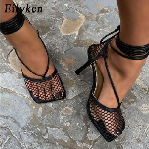 Eilyken Fashion Hollow Breathable Mesh Square Toe Stiletto High Heels Women Pumps Ankle Lace-Up Ladies Elegant Dress Shoes