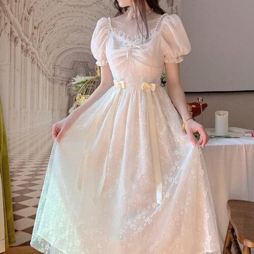 Elegant Princess Dress Women Vintage Lace-up Party Long Fairy Dresses for Women 2021 Summer Victorian Wedding Midi Dress Korean