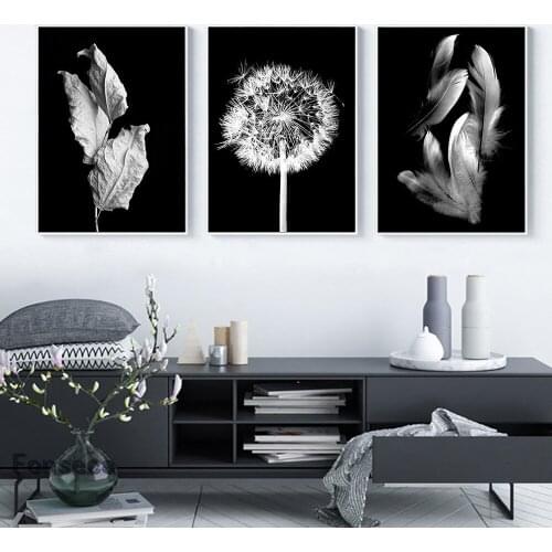 Dry Leaves Feather Dandelion Art Poster Black And White Wall Art Decorative Canvas Paintings Cuadros Decoration Salon