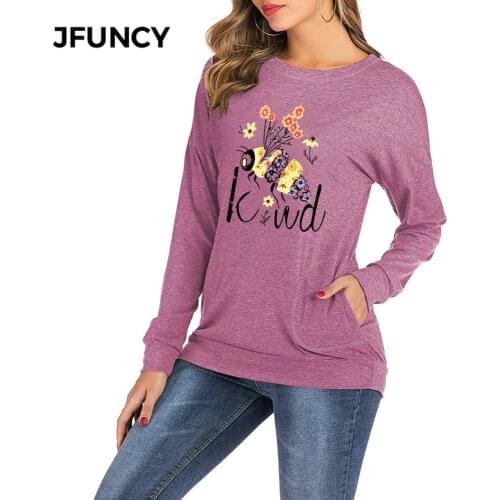 JFUNCY Creative Bee Kind Print Spring Autumn Women T-Shirt O-Neck Long Sleeve Loose Pullover Tops Casual Ladies Female T Shirt