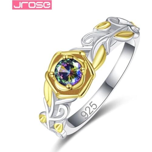 JROSE Fashio Rainbow & White Zircon Rings For Women Bague Femme Wedding Silver Gold Color Rose Flower Bands Engagement Jewelry