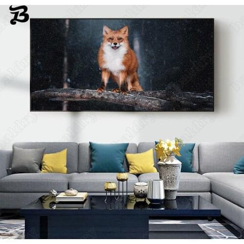 Canvas Painting Wall Art Animals Yellow and White Lovely Fox Walking In The Snow Posters and Prints for Living Room Home Decor
