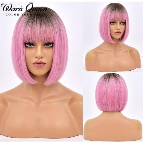 Short Bob Wig With Bangs Ombre Black Pink Wigs For Cosplay Party Daily Hair Natural Heat Resistant Synthetic Wigs For Women