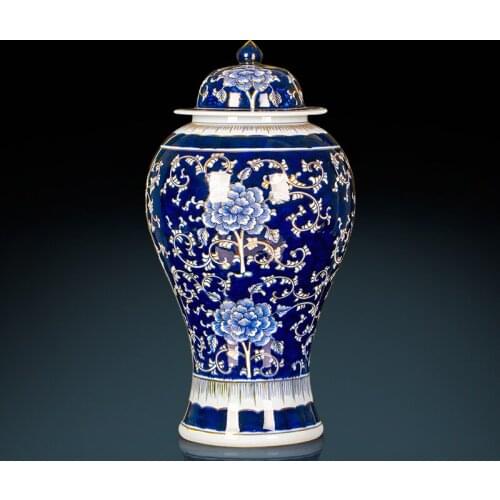 Master Hand Painted Gold And Blue Porcelain temple jar Jingdezhen Ceramic Vase Decoration New Chinese Living Room Decoration