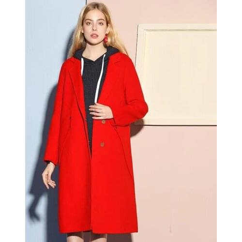 Korean Style Fashion Women Female Suit Collar Loose Red Woolen Coat , Long Wool Coats for Woman Clothes