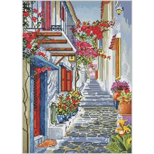 Gold Collection Embroidery Flower Street 18CT Counted Cross Stitch Kit with 100% Cotton Flosses & Free Shipping for Home Decor