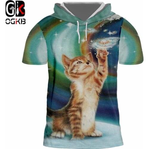 OGKB Hooded Tee Shirt Male Hot Short Sleeve 3D Tshirt Printed Paisley Cat Hiphop 5XL 6XL Costume Hombre Autumn Cap Tshirt