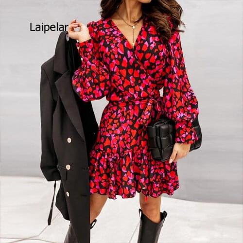 Spring Long Lantern Sleeve Print Wrap Women Elegant Ruffles Red Party Dresses Autumn Female a Line Office Vestidos