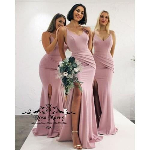 Sexy Blush Pink Mermaid Bridesmaids Dresses Plus Size High Split Maid of Honor Cheap Satin Wedding Party Gowns Vestido de Fiesta