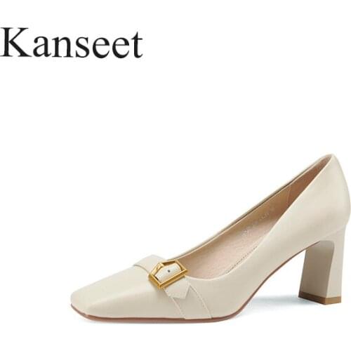 Kanseet New Fashion Women Pumps 2021 Spring Autumn Metal Buckle Decoration Handmade Footwear Square Toe Shallow High Heels Shoes