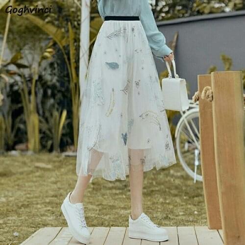 Skirts Women Sweet Mesh Patchwork Cute Embroidery All-match Draped Mid-calf Female Faldas Vintage Korean Style Elegant Elastic