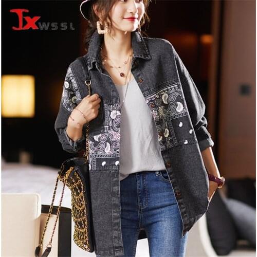 Plus Size Denim Jacket Women Autumn Lapel Long sleeves Loose Coat Retro Print Fashion Female Jeans Jackets Street Lady Outerwear