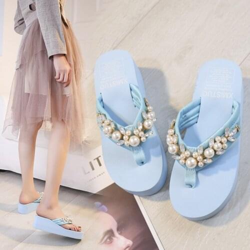 Thick Bottom Pearl Crystal Flip Flops 2020 Summer Wedges High Heels Platform Shoes Woman Slippers Beach Women Shoes Plus Size