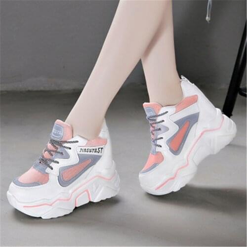 High Platform Height Increasing Casual Shoes Lady 2021 Spring Hidden Wedge Sneakers Women Thick Sole Vulcanize Shoes White Pink