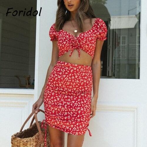 Women Fashion Red Cropped Dress Suits Red Floral Print Bodycon Mini Dress 2 Pieces Sets 2021 Summer Beach Boho Dress Vestidos