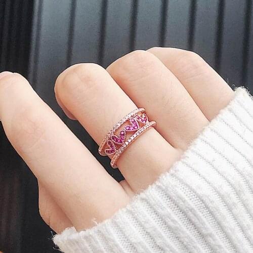 MENGJIQIAO 2018 New Korean Cubic Zirconia Love Heart Double Layer Open Rings For Women Delicate Fashion Micro Paved Finger Ring