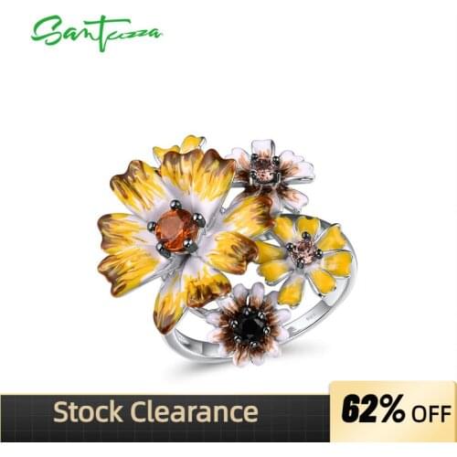 SANTUZZA Silver Rings For Women Genuine 925 Sterling Silver Handmade Enamel Elegant Yellow Flowers Trendy Party Fine Jewelry