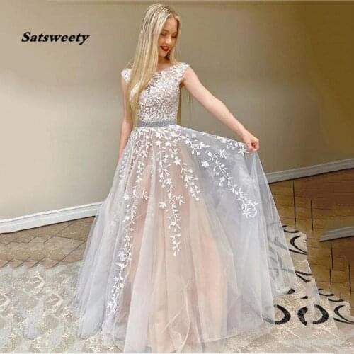 Vestido De Fiesta 2021 Princess Champagne A-Line Tulle Prom Dresses Lace Appliqued Women Formal Evening Party Gowns