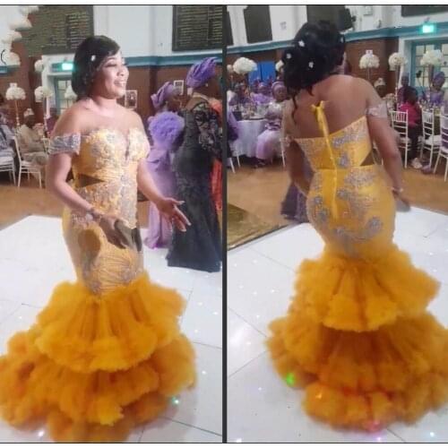 Golden Yellow Sexy Evening Gown robe de soiree Appliques Beads Formal Dresses Evening Mermaid Sheer vestido longo Abendkleider