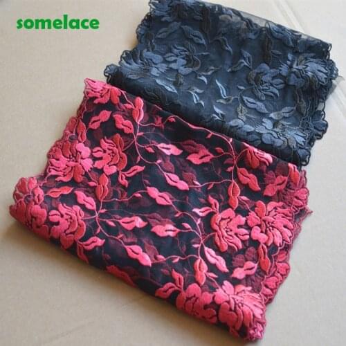 2Yds/Lot 22-24cm Wide Transparent Black Mesh Fluorescent Red,Black Flower Embroidery High Quality Lace Trim For Garments,Wedding