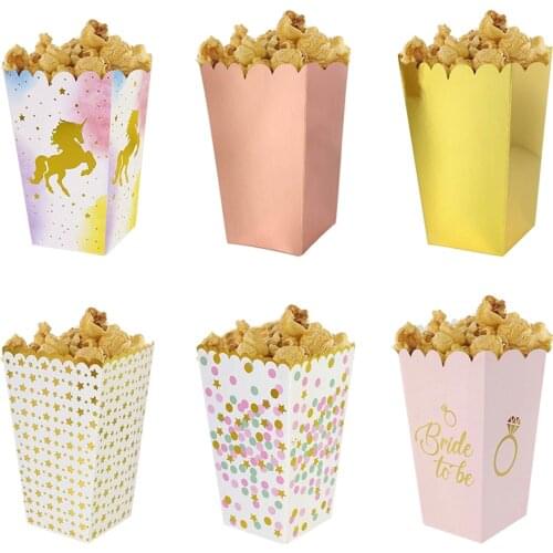 6/12pcs Gold Rose Gold Dot Unicorn Popcorn Boxs For Birthday Party Decoration Home Movie Popcorn Candy Packaging Boxs Supplies