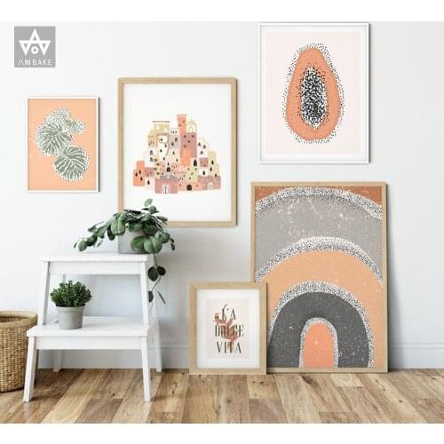 Abstract Boho Style Rainbow Wall Art Burnt Orange Canvas Painting Leaves Poster Print Pictures for Living Room Home Decoration