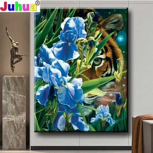 5d diy New diamond mosaic Blue Iris Tiger Face diamond painting full square round embroidery sale Animal Flower Home Decor