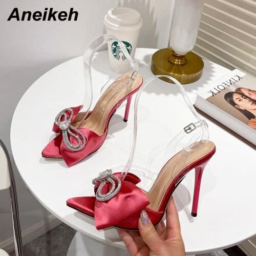 Aneikeh 2021 New Sequined Cloth Mules Sandals Women Shoes Summer Stiletto High Heels Butterfly-Knot Pointed Toe Concise Crystal