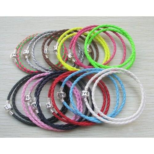 Free shipping 12pcs silver plated copper clasp with LOVE letter double circle pu leather bracelets fit European bracelets DIY