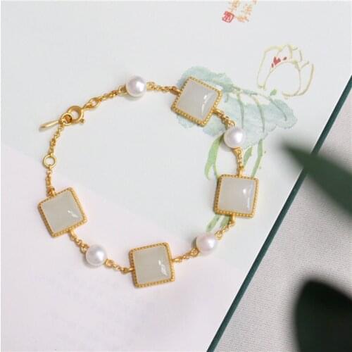 Natural Hetian Jade White Jade Square S925 Sterling Silver Ancient Thick Gold Inlaid Bracelet with Freshwater Pearl Bracelet for