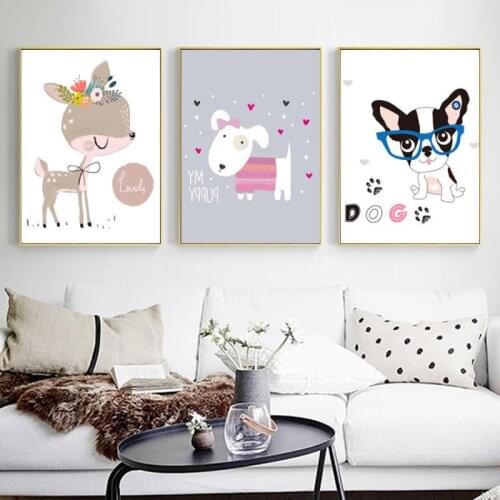 Nursery Canvas Painting Nordic Style Decorative Paintings Childrens Room Kindergarten Frescoes Cute Cartoon Animal Wall Art