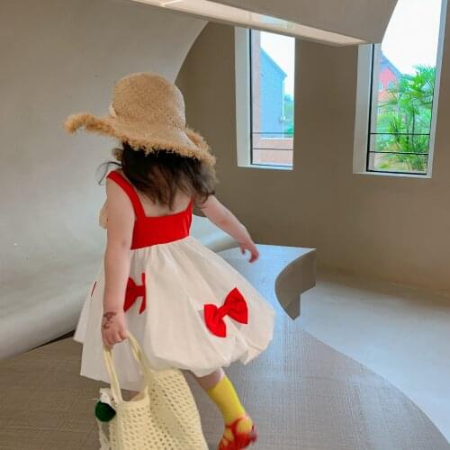 Childrens Dress 2021 Summer New Sweet Patchwork Color Cute Bow Big Hemline Girls French Suspender Sleeveless Princess Dress