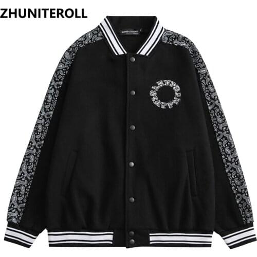 Harajuku 2021 Paisley Graphics Print Black Jacket Men Bomber Baseball Coats Fashion Streetwear High Street Couple Tops Clothing
