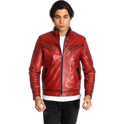 Genuine Soft Leather Handmade Red Man Jacket Biker Style High Quality Lambskin Metal Zipper Autumn Gift