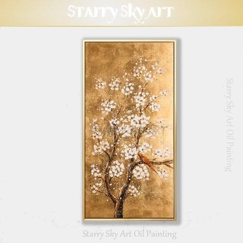 New Design Hand-painted High Quality Blooming Flowers Oil Painting on Canvas Plum Blossom Flowers Oil Painting for Living Room