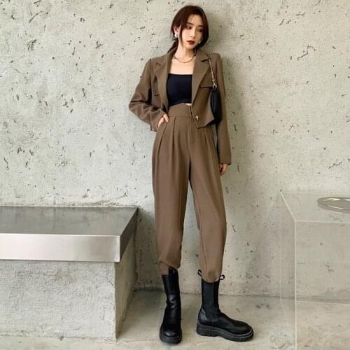 Autumn Winter Fashion High Waist Loose Jacket Pants 2 Piece Suit Casual Women Office Wear Short Blazer Black Sets Clothes