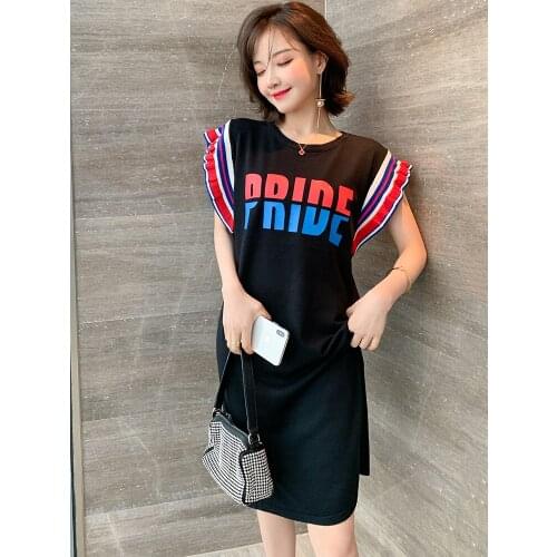 Letter contrast thread auricular lace sleeve T T-shirt dress 2021 Spring new High Quality Top Quality
