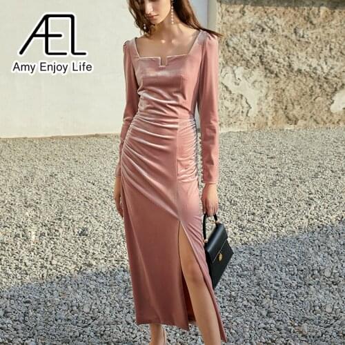 AEL Square Collar Long Pencil-Dress Office Spring New Arrival Pink Velvet Backless Party Wear Elegant Slim