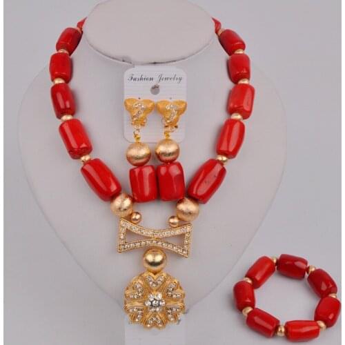 Latest Red Coral Jewelry Set Nigerian Wedding Coral Beads Necklace African Jewelry Sets 12-A1-3