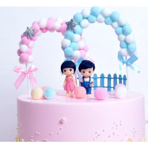 1PC Soft Pompom Cloud Cake Topper Happy Birthday Party DIY Cake Top Flags Decoration For Cake Topper Festival New Year Pink Blue
