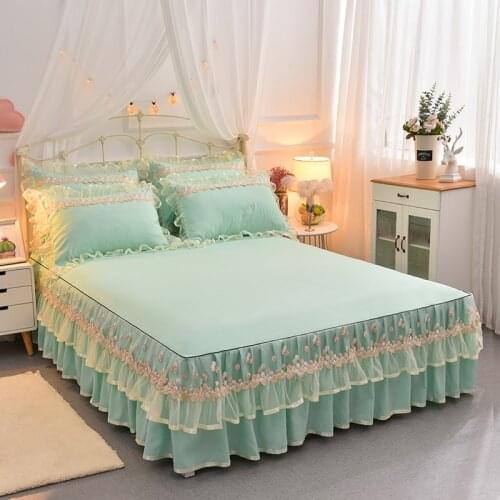 Bedding Bed Skirt Pillowcases 1/3Pcs Green Lace Embroidered Princess Bedspread Bed Sheet Mattress Cover King/Queen/Full Size