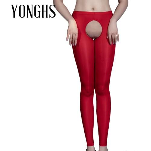 Womens Erotic Lingerie Underwear Nightwear Sexy Crotchless Leggings Hollow Out Stretchy Glossy Elastic Waistband Skinny Pants