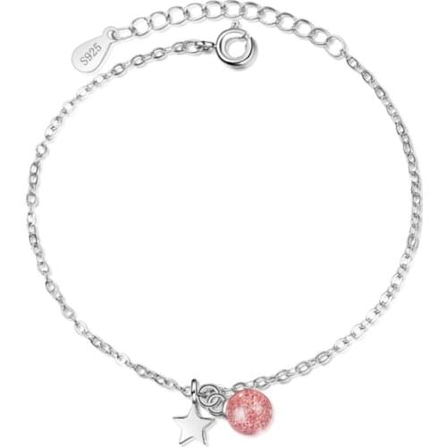 Female Korean version of the fresh and versatile personality pink crystal five-pointed star silver plated bracelets JO018