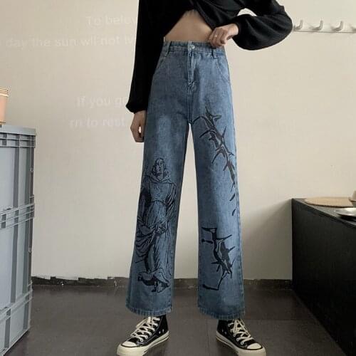 Fashion Womens Casual Loose Straight 2021 Spring New High Waist Thin Wild Wide Leg Jeans Casual Print Graffiti Denim Trousers