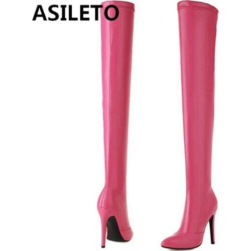 ASILETO Sexy Luxury Party Over Knee High Boots PU Leather Zipper Pointed Toe 12cm Stileeto Heel Ladies Plus Size 49 S2464