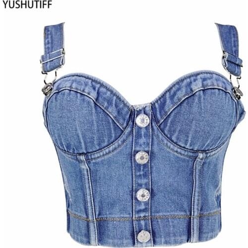 Blue Denim Crop Tank Top Fairy Sexy Summer Top Female Crop Top Women Harajuku Solid Cami Tops With Built In Bra Push Up Bralette